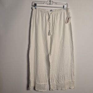 Blue Island Ivory Boho Eyelet Wide Leg Pants Elastic Waist Size L